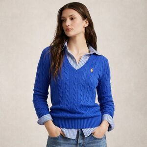 Ralph Lauren Sport Blue Cable Knit V Neck Sweater Pony Logo XL Preppy Old Money